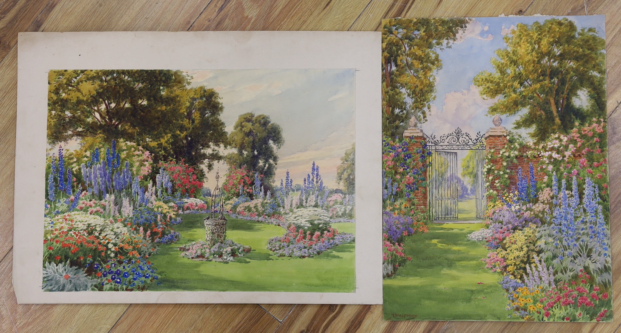 Howard Walford (1864–1950), two watercolours, summer gardens, one signed, unframed, largest 27 x 39cm